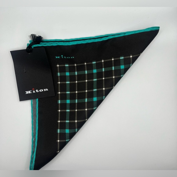 100% NWT KITON Silk Pocket Square  Brown - Turquoise. (15 X 15) - Picture 4 of 7